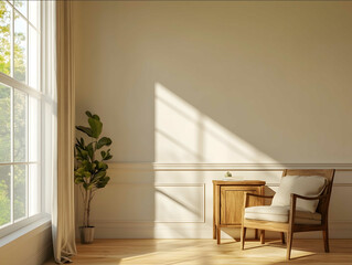 Professional Photo A cottage farmhouse interior with a cozy corner featuring a large side window The window is positioned on the side wall allowing natural light to