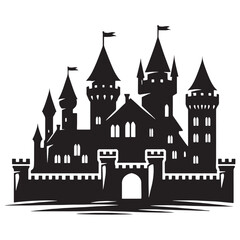 Obraz premium Grand Medieval Castle silhouette, embodying the power and grandeur of medieval architecture – Castle illustration – Castle vector – Royal castle silhouette