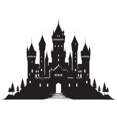 Obraz premium Regal Medieval Castle silhouette, symbolizing nobility and grandeur of royal lineage – Castle illustration – Castle vector – Regal fortress silhouette