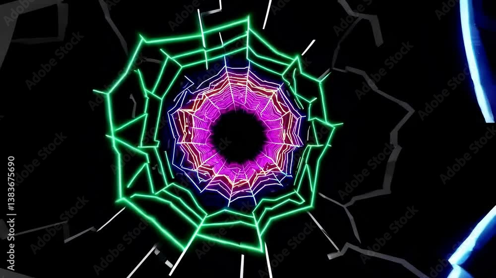 Poster neon futuristic web tunnel with glowing lines and dark background for virtual themes