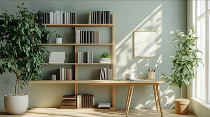 a videocall background image of a hiperrealystic home office minimalist decoration with a plant a bookshelf