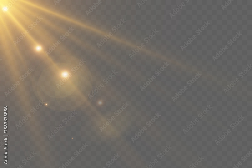 Poster Yellow star flashed with sparkles sun isolated on white background. Soft glow without departing rays, sunlight with lens flare effect. PNG vector light effect.