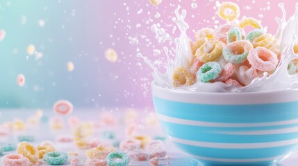 Colorful Cereal Splash: A vibrant splash of milk engulfs a bowl of colorful cereal, creating a visually stunning display of freshness and flavor.