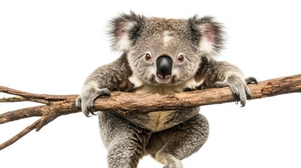 Obraz premium Koala Hanging From Branch Looking at Camera with White Background