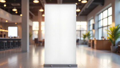 Blank pop-up banner mockup in indoor exhibition space, promotional design