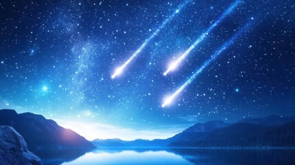Fototapeta premium Cosmic Ballet: Witness a celestial spectacle as meteors streak across a star-studded night sky, reflected in the serene waters of a tranquil lake, creating a breathtaking display of cosmic beauty.