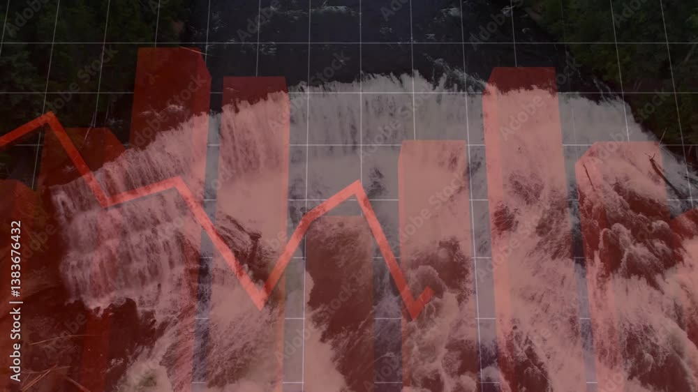 Poster red graph line and bar chart animation over waterfall background