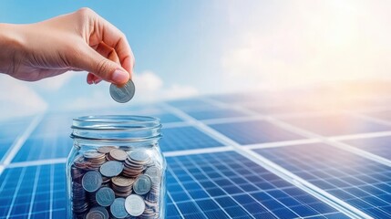 Investing in Energy: A person's hand carefully places a coin into a glass jar filled with money, set against a backdrop of solar panels under a clear, bright sky, symbolizing investment