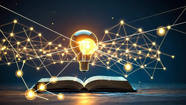 Glowing lightbulb hovering above an open book with interconnected golden nodes and wires forming a neural-like digital web network

