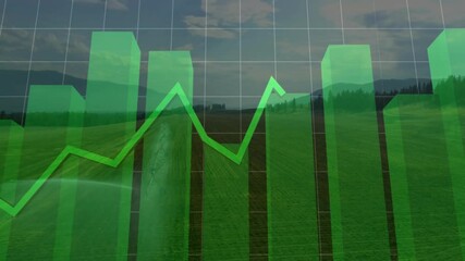 Green financial graph animation over scenic rural landscape with mountains - Powered by Adobe