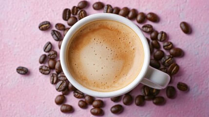 Obraz premium Delicious Coffee Cup Surrounded by Roasted Beans on Pink Background