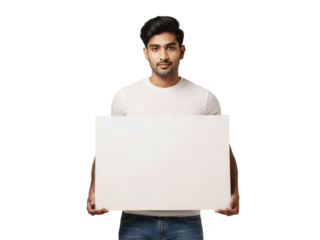 Junger Mann hält leeres Schild in den Händen PNG mit transparentem Hintergrund

