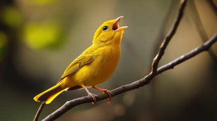 Singing Yellow Warbler Perched on a Branch in Natural Setting