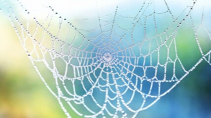 Close up of a delicate spider web glimmering with dew drops against a blurred background