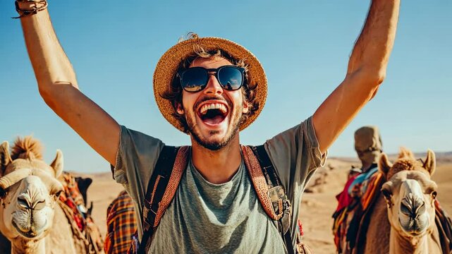 Happy traveler raising arms with excitement during desert camel tour adventure under bright blue sky