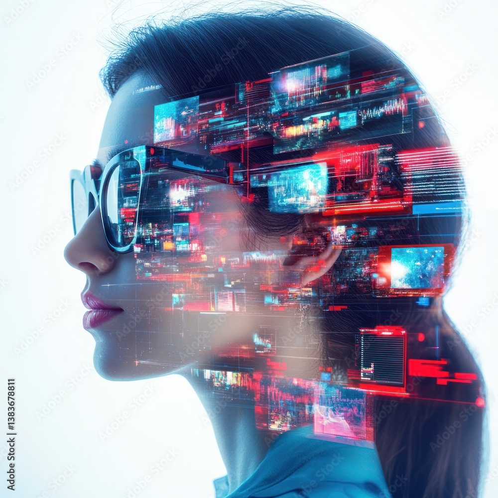 Poster woman with digital overlay reflecting data streams and connectivity concepts