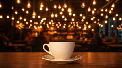Fototapeta premium Elegant White Coffee Cup on Wooden Table with Warm Ambient Lights Background