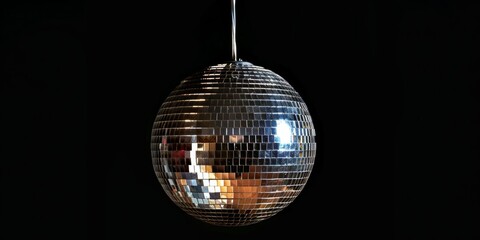 A reflective disco ball hangs suspended, casting dazzling light patterns on a dark background