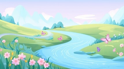 River flows through grassy hills, butterflies flying, flowers blooming, mountains background