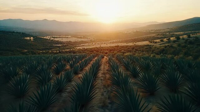Agave field at sunrise in scenic rural landscape with mountains and golden light over plantation rows