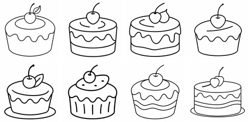 Cake with Cherry Outline Coloring Book Page Line Art Drawing Set White Background