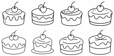 Cake with Cherry Outline Coloring Book Page Line Art Drawing Set White Background