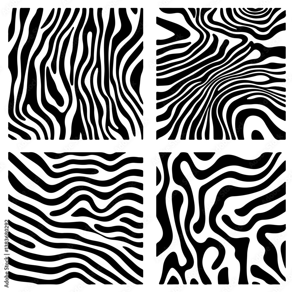 Poster Abstract black and white patterns with dynamic, wavy zebra-like texture in four square segments, offering a bold and striking visual contrast for artistic and design purposes.