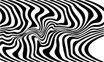 Black and white optical illusion pattern with wavy, undulating lines creating a dynamic, flowing effect that appears to distort the surface. Vector op-art illustration.
