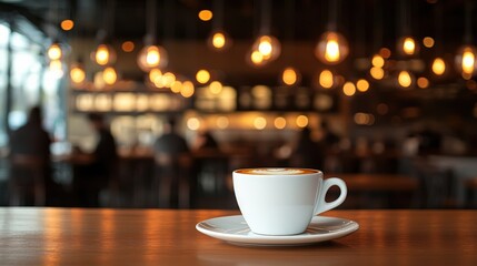 Fototapeta premium Elegant Coffee Cup with Latte Art in Trendy Cafe Setting