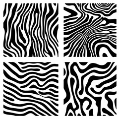 Abstract black and white patterns with dynamic, wavy zebra-like texture in four square segments, offering a bold and striking visual contrast for artistic and design purposes.
