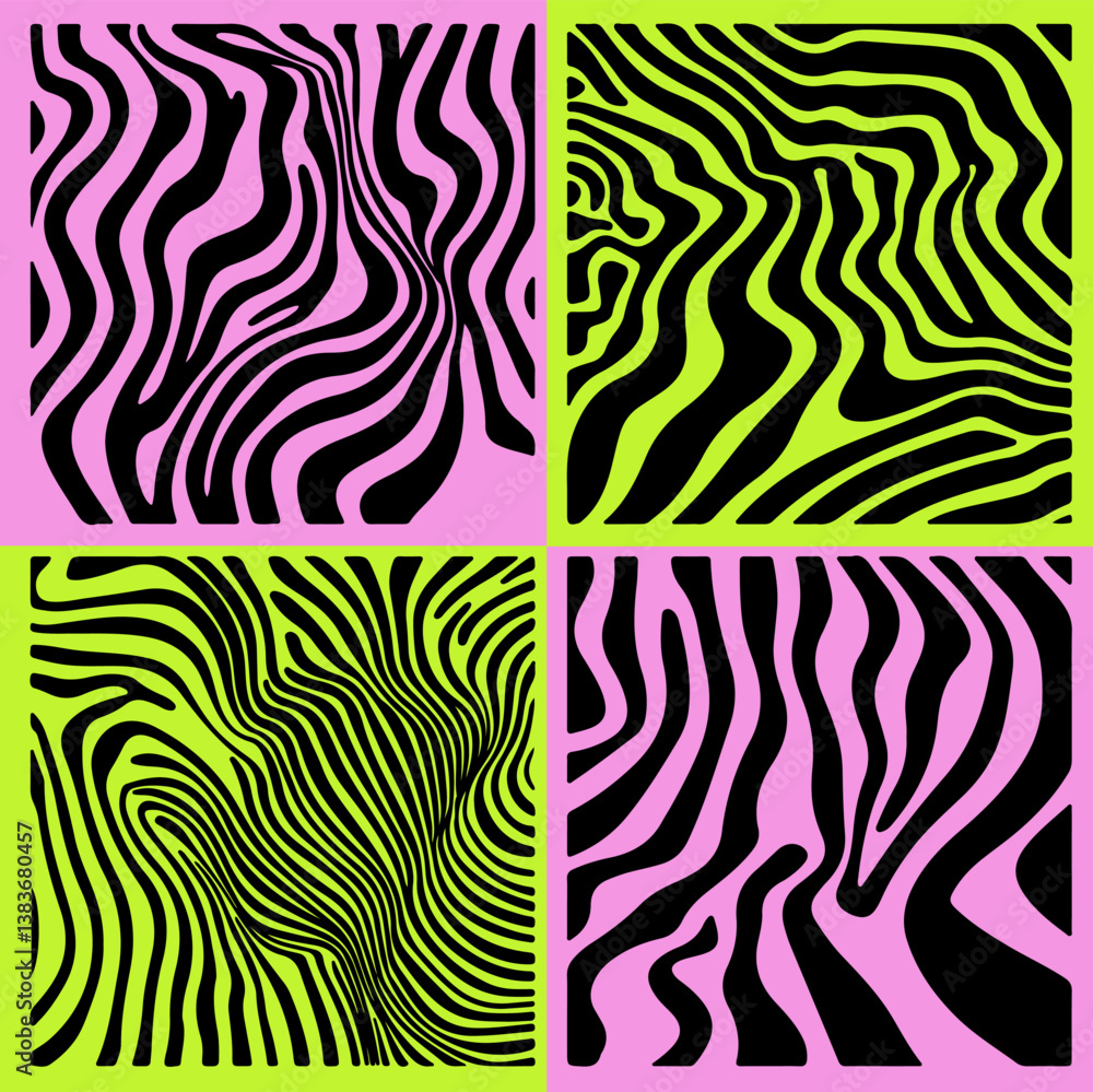Aufkleber Abstract vector with wavy black lines on bright pink and green backgrounds. The design mimics zebra stripes with a psychedelic touch, creating a bold and dynamic visual.