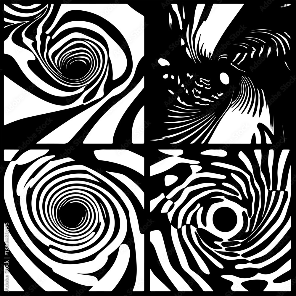 Poster Abstract black and white patterns with dynamic, wavy zebra-like texture in four square segments, offering a bold and striking visual contrast for artistic and design purposes.