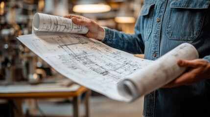 Naklejka premium Architect Examining Blueprints in a Busy Industrial Workshop Setting