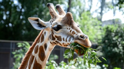 Fototapeta premium Giraffe Eating Leaves in Its Mouth at Zoo Park