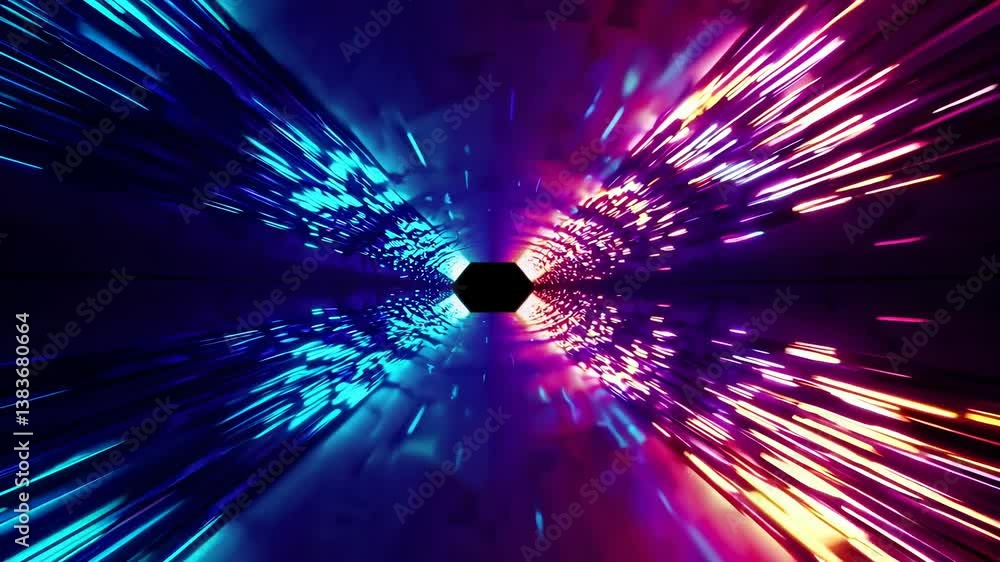 Poster dynamic motion background with vibrant blue and magenta light rays in tunnel effect