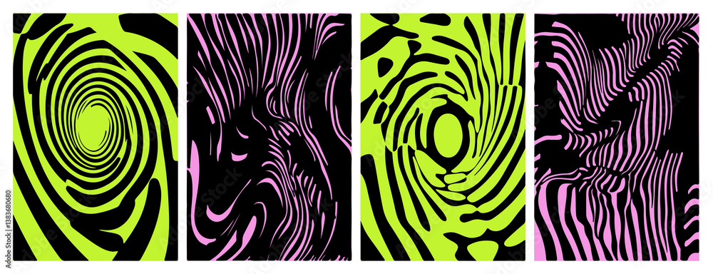 Aufkleber Abstract vector with wavy black lines on bright pink and green backgrounds. The design mimics zebra stripes with a psychedelic touch, creating a bold and dynamic visual.