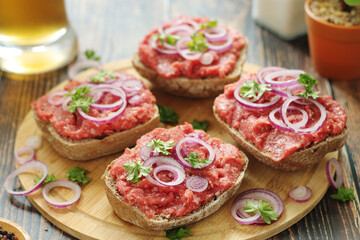 Traditional German sandwiches with minced meat Mettbroetchen	
