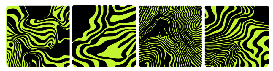 Set of abstract vector patterns with wavy colorful lines. Modern, organic designs inspired by topography and zebra stripes, perfect for backgrounds or contemporary art projects.