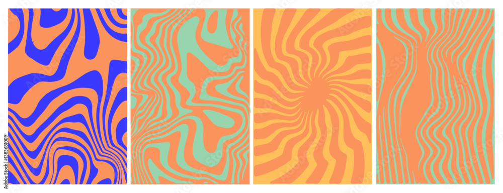 Poster Vibrant abstract patterns with wavy lines in bold colors create optical illusions. Each panel has unique color combos: orange, green, and yellow swirl into dynamic, fluid designs.