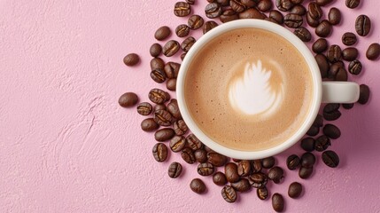 Delicious Latte Art in White Cup Surrounded by Coffee Beans on Pink Background