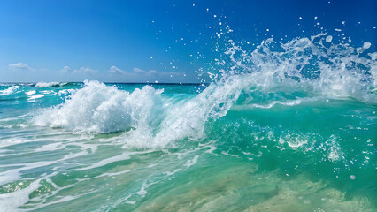 Crystal clear ocean wave crashing on the shore. Summer vacation, tropical beach, sea.