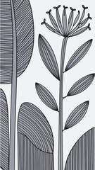 A modern, minimalist illustration of botanical elements with a white background.