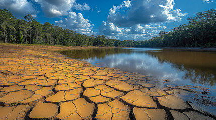 Drought-stricken landscape featuring cracked earth meeting a serene lake under a dramatic sky. Ideal for environmental awareness, climate change visuals, and resilience themes.