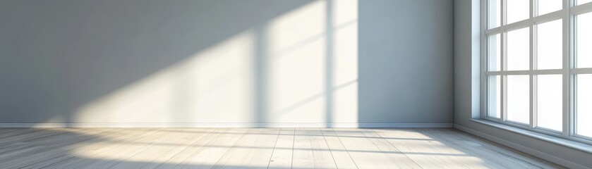 Spacious empty room with sunlight streaming through large windows.