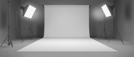 Spacious photography studio with soft lighting and blank backdrop.
