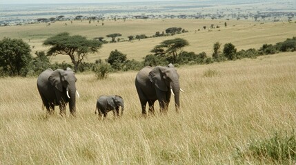 Fototapeta premium Elephant Family Walking Through Tall Grass on African Savannah Plains