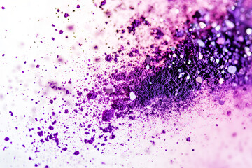 Fototapeta premium A macro photograph of vibrant purple powder with scattered particles in high detail against a clean white background for a luxurious beauty-inspired aesthetic