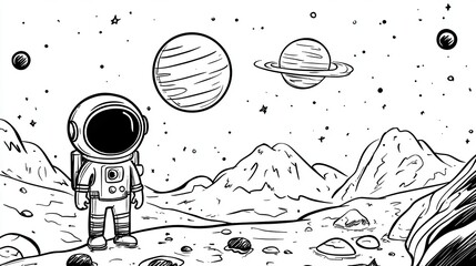 Simple Coloring Book Page Featuring Astronaut on Distant Planet with Mountains and Celestial Bodies
