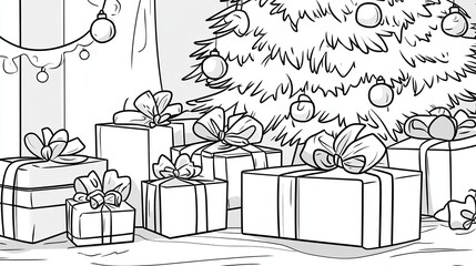 Simple Coloring Book Page Featuring Christmas Gifts Under A Decorated Tree