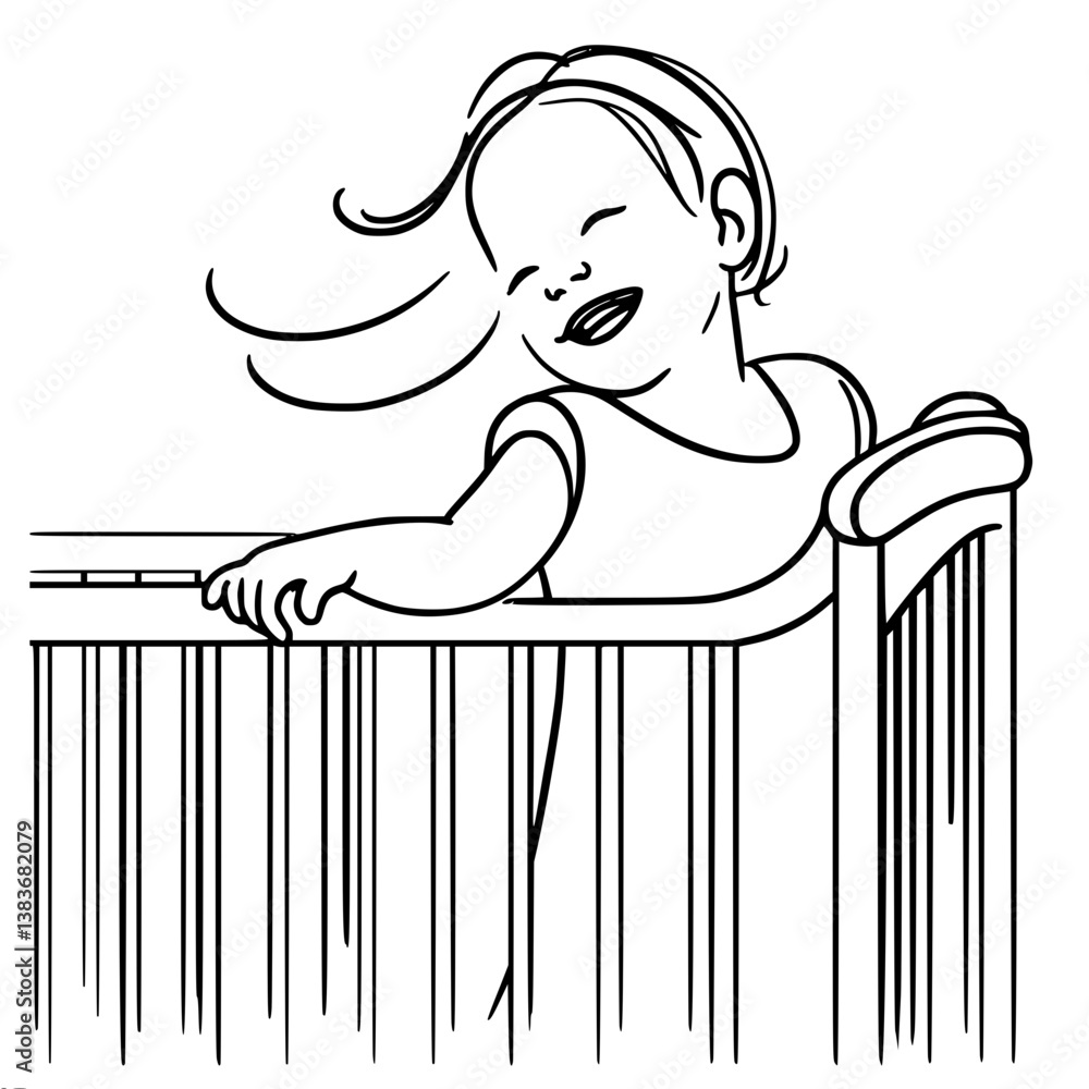 Poster happy child playing by the crib in a playful sketch style , single line vector